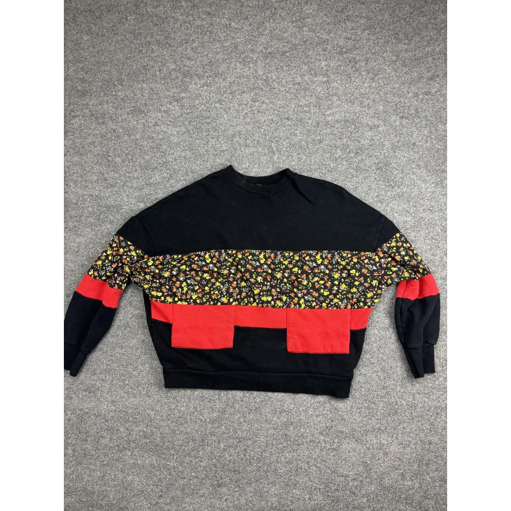 Zara Sweatshirt Womens Medium Black Floral Panel Colorblock Crewneck Pullover